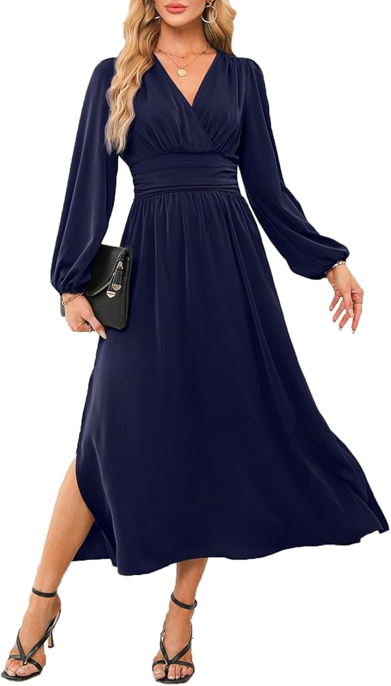 Dokotoo Womens Wrap V-Neck Empire Waist Dress Lantern Sleeve Ruched Side Slit Elegant Maxi Dress