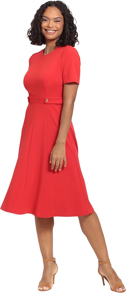 London Times Women's Short Sleeve Crepe Fit and Flare Midi with Waist Button Detail