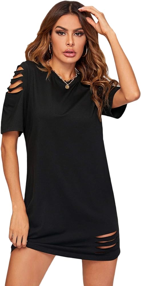 Floerns Women's Casual Ripped Short Sleeve T-shirt Tunic Dress