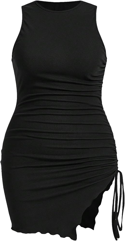 Verdusa Women's Plus Size Drawstring Ruched Round Neck Sleeveless Bodycon Mini Tank Dress