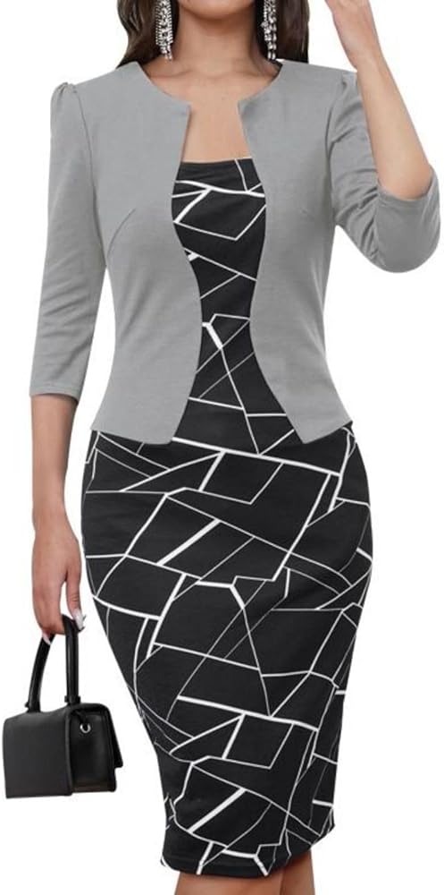 Women's Bodycon Pencil Dresses 3/4 Sleeve Teacher Church Wear to Work Modest Business Outfits Faux Blazer Suiting Dress