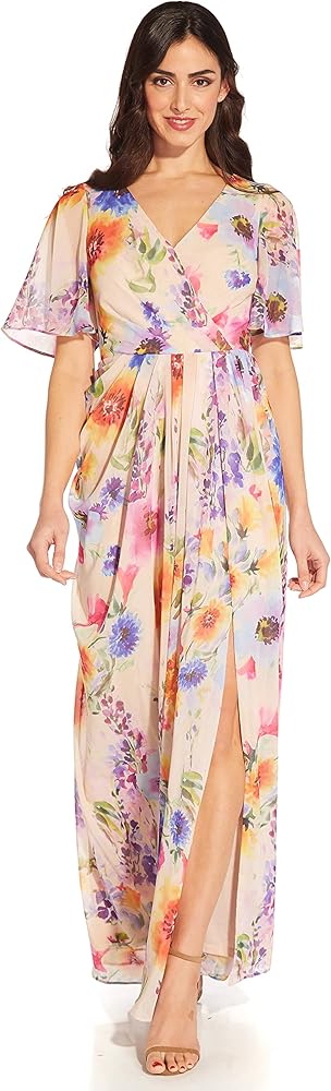 Adrianna Papell Women's Floral Printed Chiffon Gown