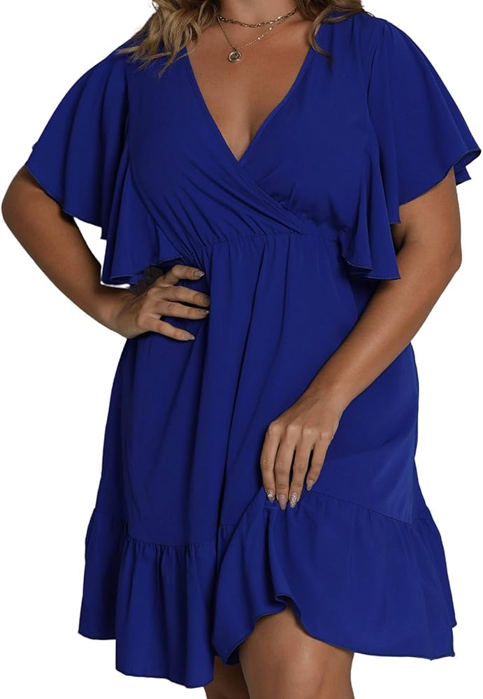 Floerns Women's Plus Size Solid Wrap V Neck Short Sleeve Ruffle A Line Dress