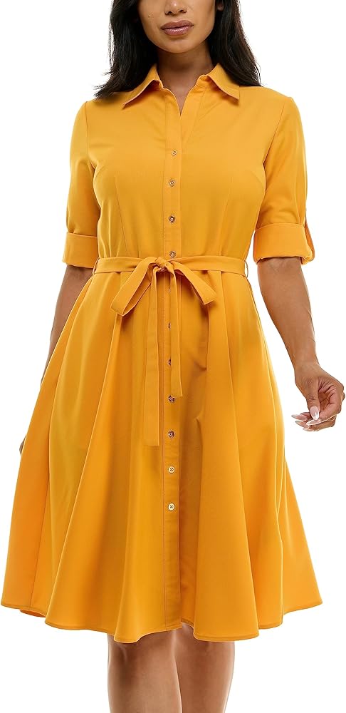 Sharagano Women's Button Front Pleated Shirt Casual Dress, Apricot, 12