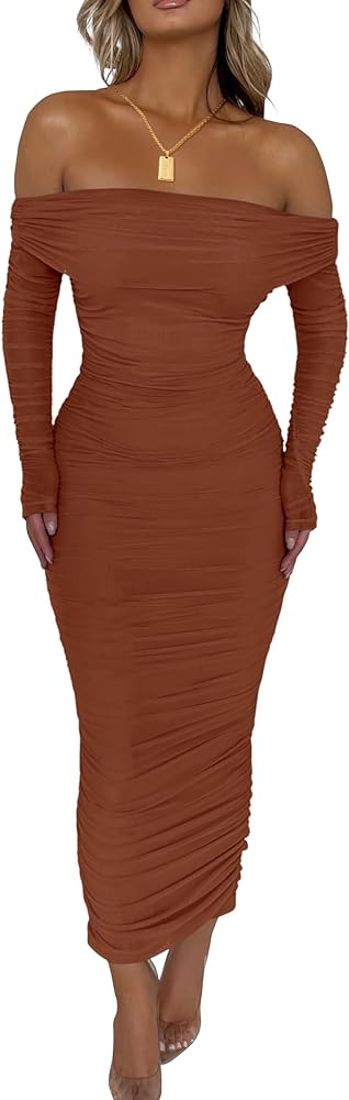 PRETTYGARDEN Women's Fall Off Shoulder Maxi Bodycon Dress Long Sleeve Ruched Fitted Club Dresses with Slit